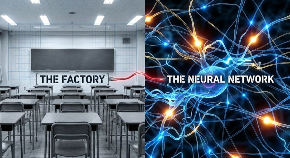 Split image comparing an empty traditional classroom to a glowing blue brain web. Text reads: The Factory. The Neural Network.