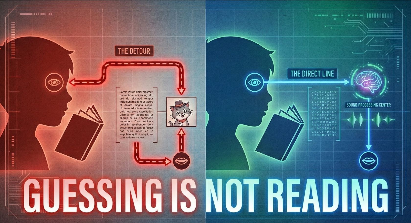 Illustration comparing a tangled visual detour to a direct neural pathway. Text reads: Guessing is not reading.