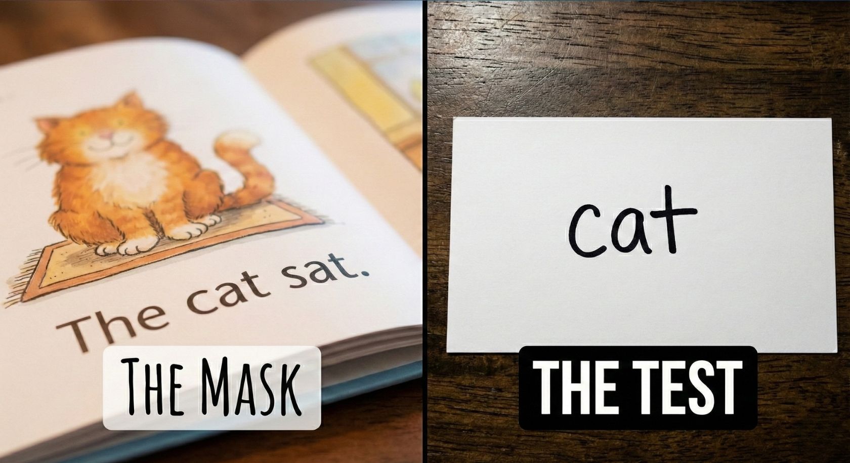 Split image comparing a picture book with a cat to a plain text flashcard. Text reads: The Mask. The Test.