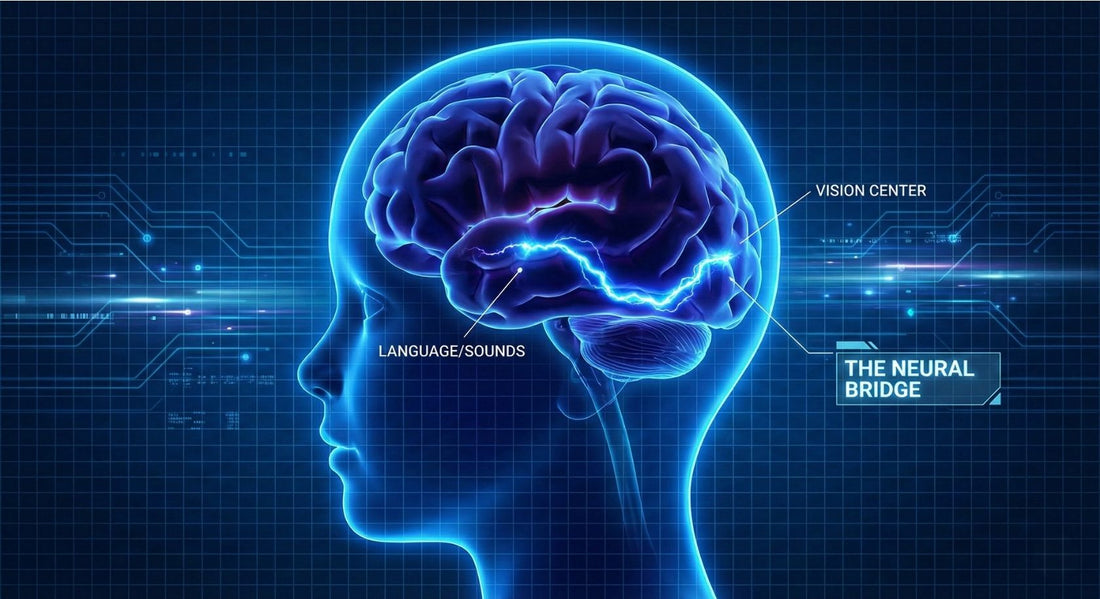 Glowing blue 3D illustration of a child's brain showing the neural bridge connecting the language and vision centers, representing the neuroscience of how a reading brain is explicitly wired.
