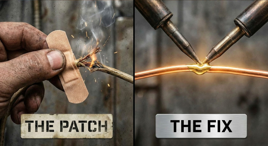 Side by side of a bandaid patch versus a permanent welding fix, representing brain wiring over traditional tutoring.