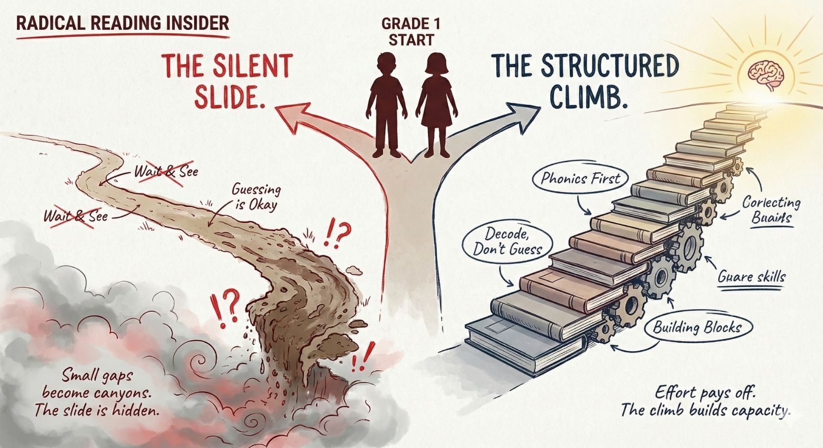 Illustration of the Silent Slide showing the widening gap between structured literacy and guessing habits.