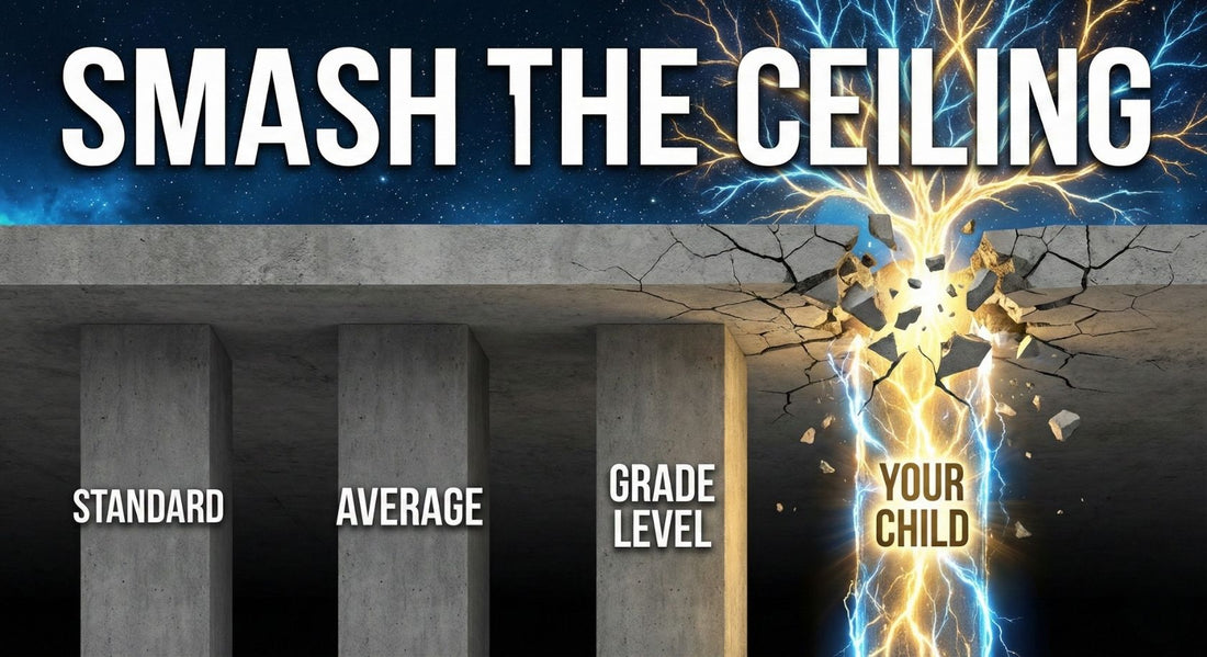 A lightning bolt smashing through a concrete roof above three stone pillars. Text reads: Smash the ceiling. Standard, Average, Grade Level, Your Child.