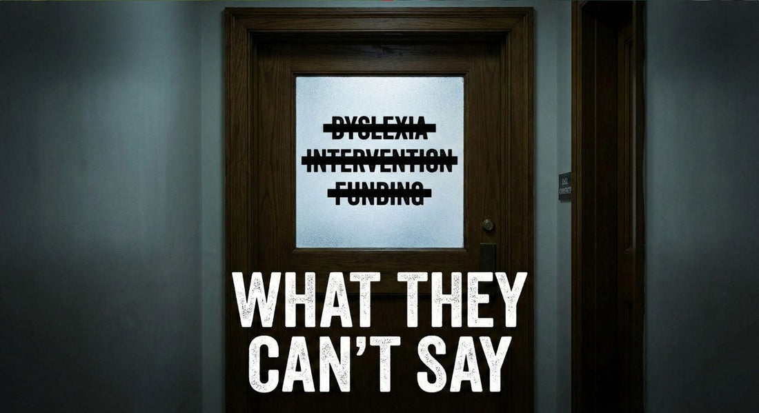 A closed school door with a frosted window. Text reads: Dyslexia Intervention Funding. What they can't say.