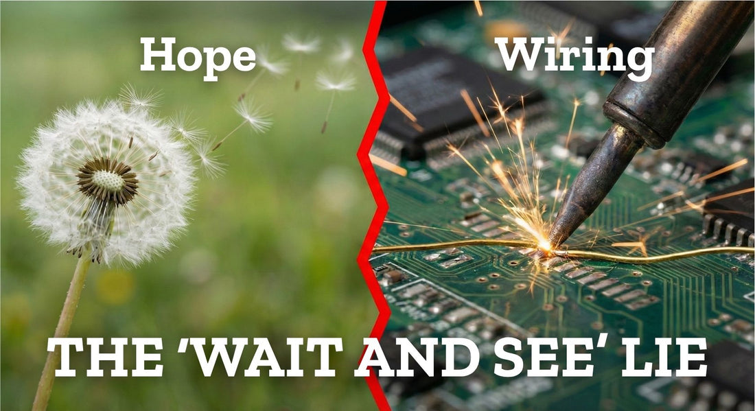 Split image contrasting a fragile dandelion blowing in the wind with a soldered circuit board. Text reads: Hope. Wiring. The 'Wait and See' Lie.