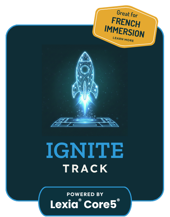 Glowing blue rocket ship icon for the Ignite SK reading readiness program, with powered by Lexia Core5 badge, symbolizing a strong launch in early literacy.