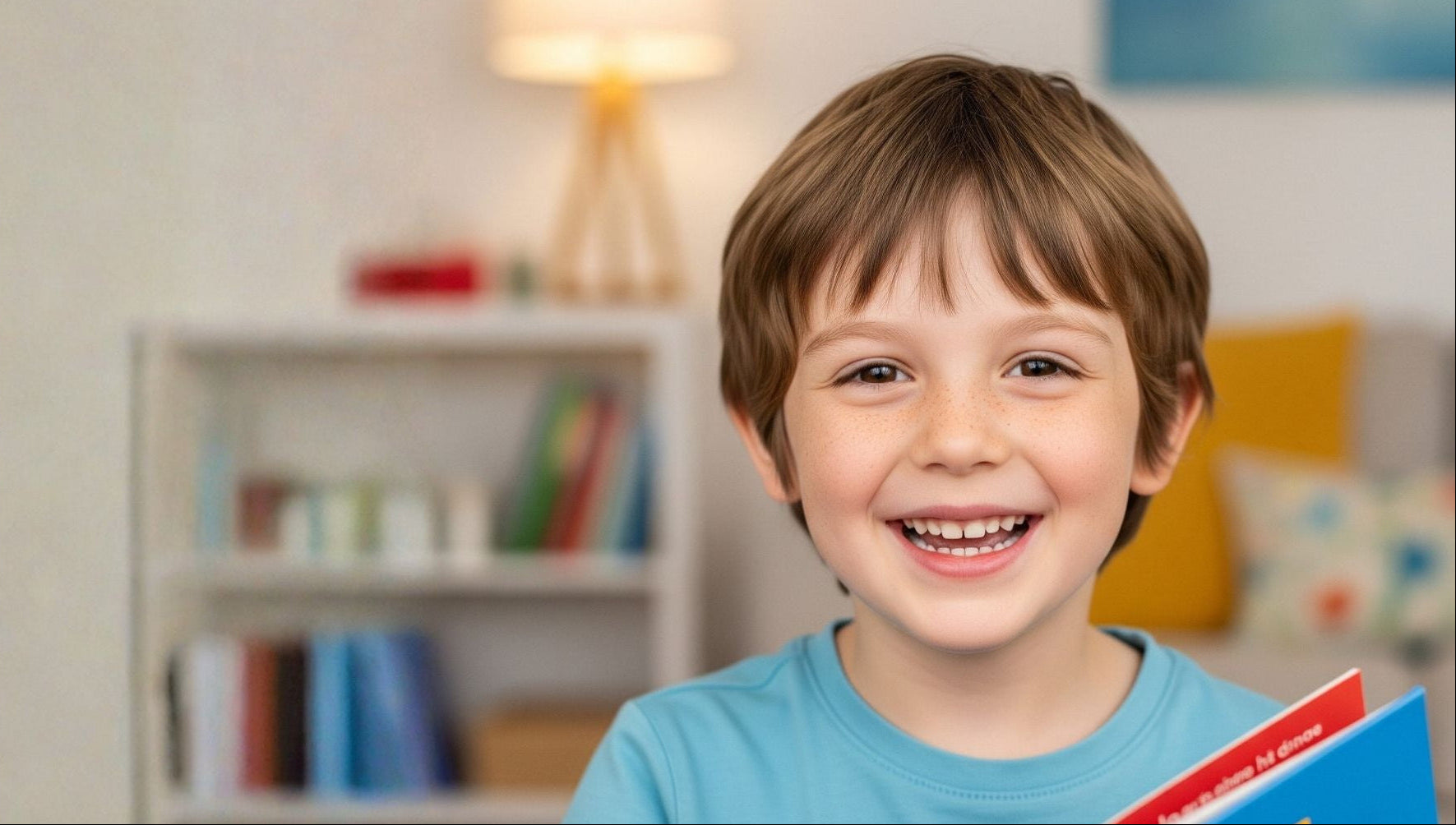 Smiling kindergarten-aged boy reading a book, representing early reading readiness and confidence.