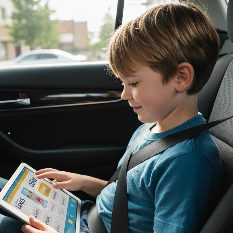 Young boy independently using the Lexia Core5 reading app on a tablet in the backseat of a car.
