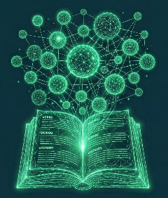 Glowing green brain emerging from an open book, representing rich vocabulary and high-level reading comprehension.