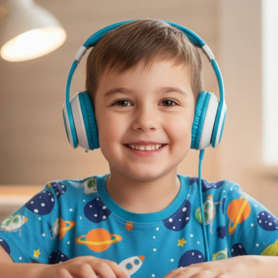 Young boy wearing headphones, representing 'The Coaster' who relies on memorization rather than true reading decoding.