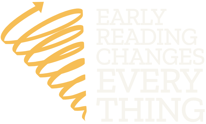Yellow spiral design with text 'Early reading changes everything' on a white background