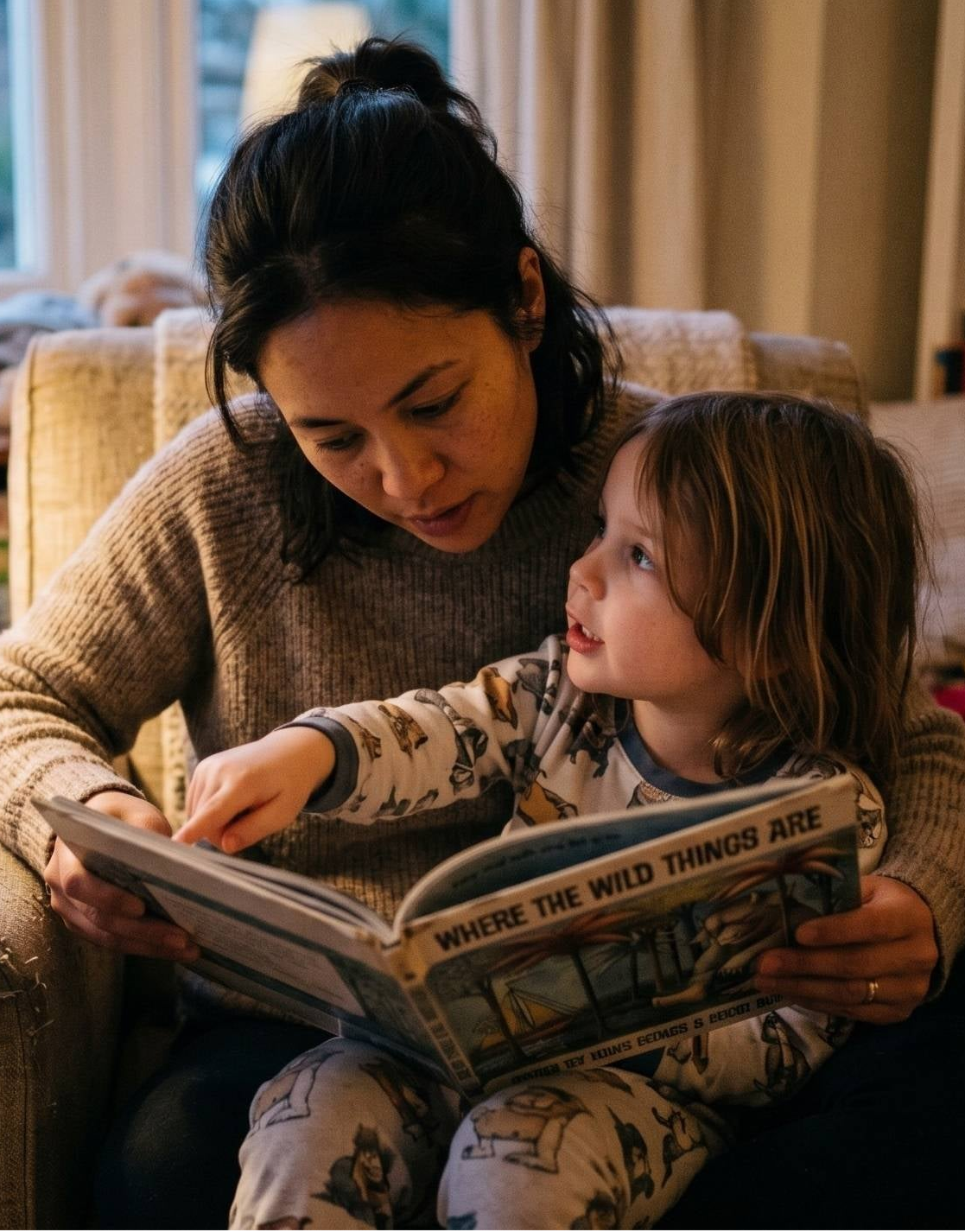 Woman reading 'Where the Wild Things Are' to a child in a cozy living room.