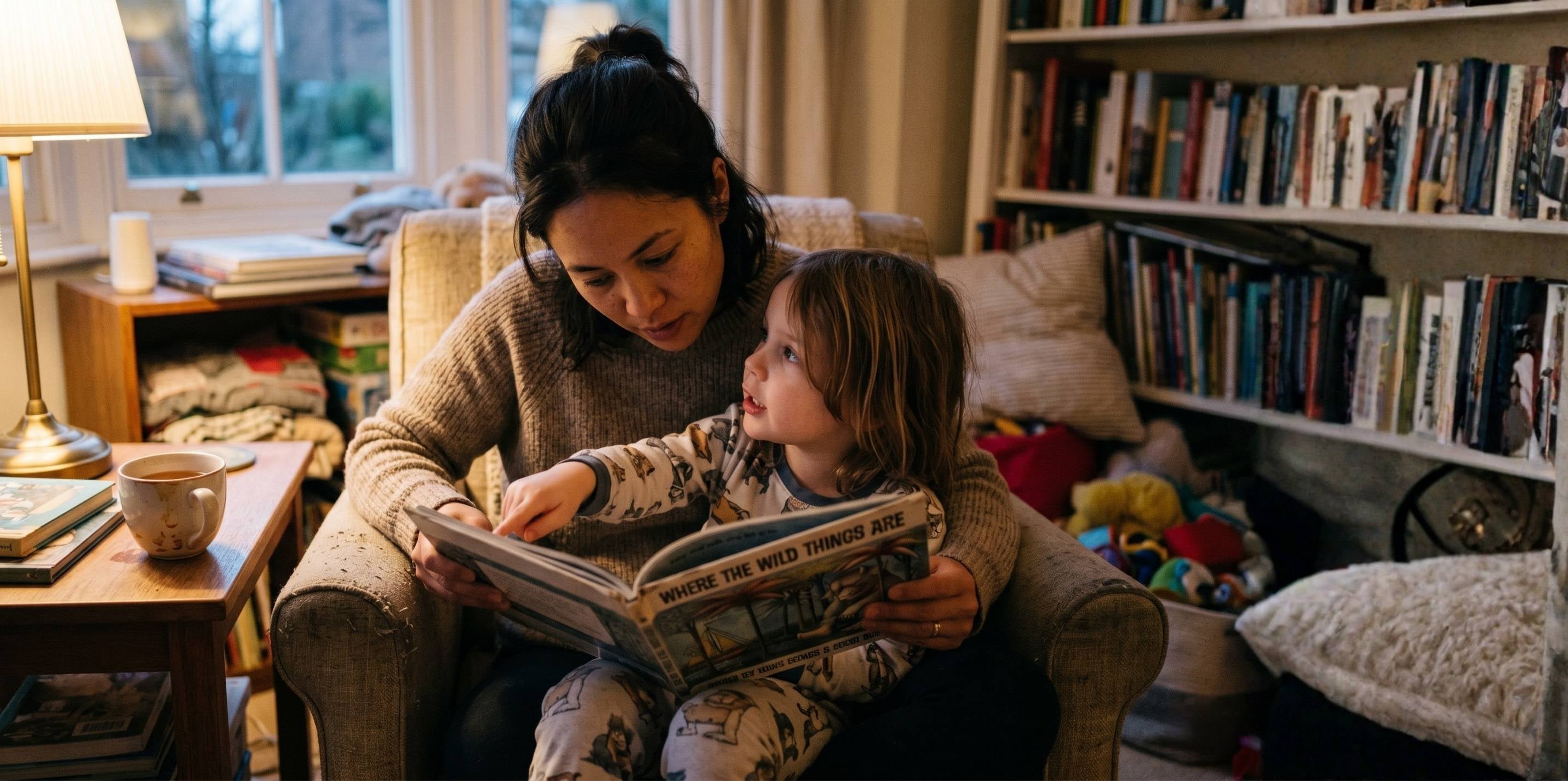 Woman reading a book to a child in a cozy living room.