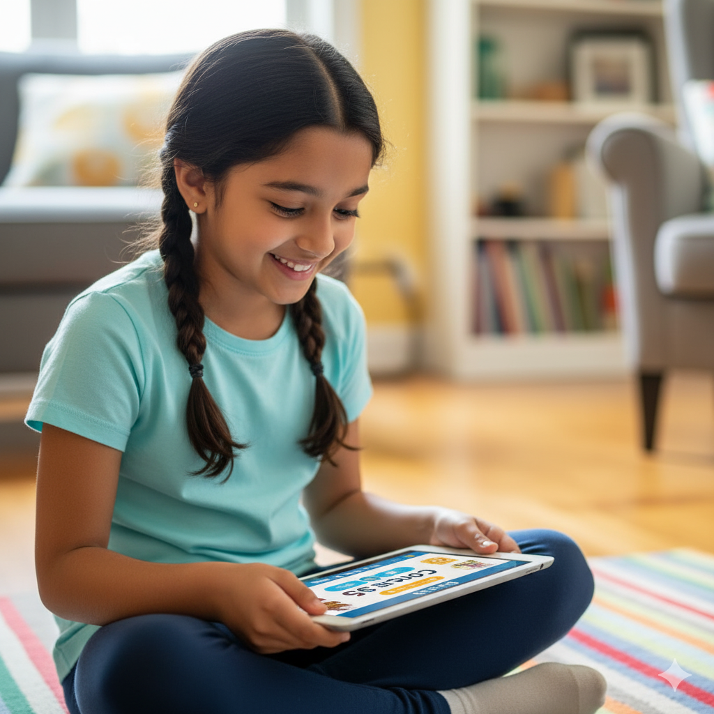 Young girl sitting cross legged on the floor smiling, as she does her Lexia time with the Radical Reading Lexia at home program.