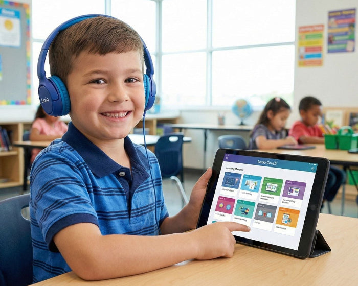 Child in a classroom with headphones, smiling using the personalized learning path in Lexia Core5.