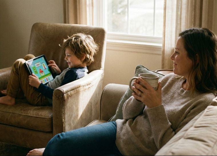 Mother and son smiling while using the Lexia Core5 reading program at home on a tablet