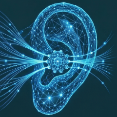 Glowing blue ear icon representing phonological awareness, the ability to manipulate sounds.