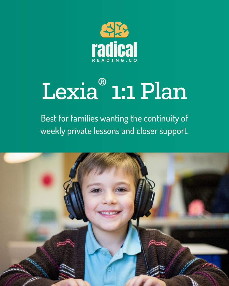 Promotional image for Lexia 1:1 Plan with a child wearing headphones, set against a green background with Radical Reading Co branding.