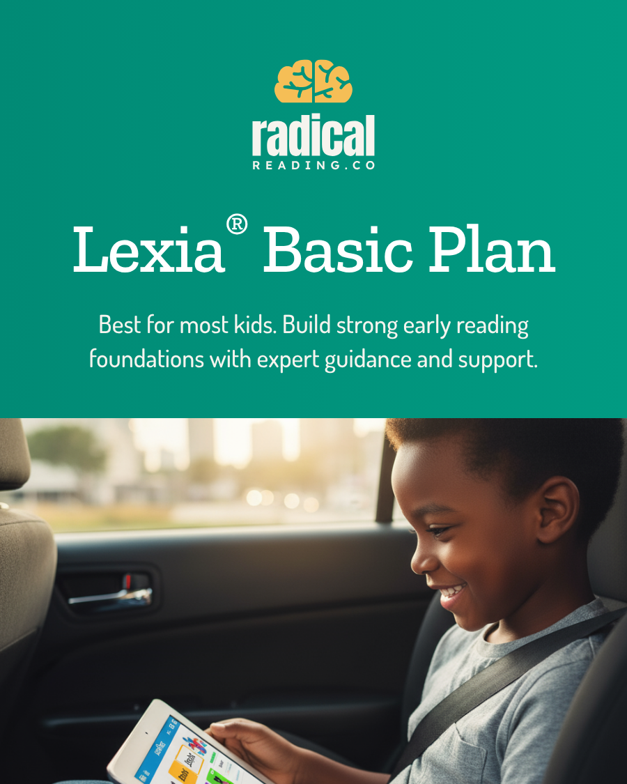 Advertisement for Lexia Basic Plan by Radical Reading Co. with a child using a device.