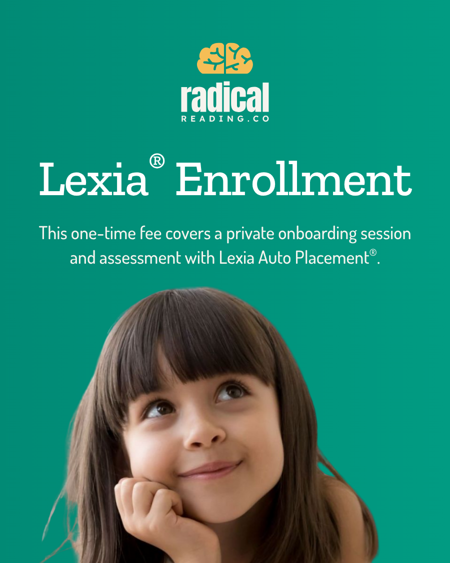 Advertisement for Lexia Enrollment with a child looking up against a green background, featuring the Radical Reading Co logo.