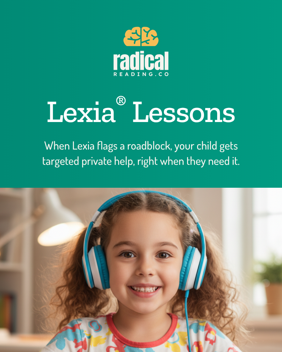 Advertisement for Lexia Lessons with a child wearing headphones on a teal background