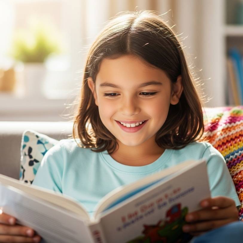Young girl reading a book with a happy expression in a cozy living room representing a happy accomplished young reader.