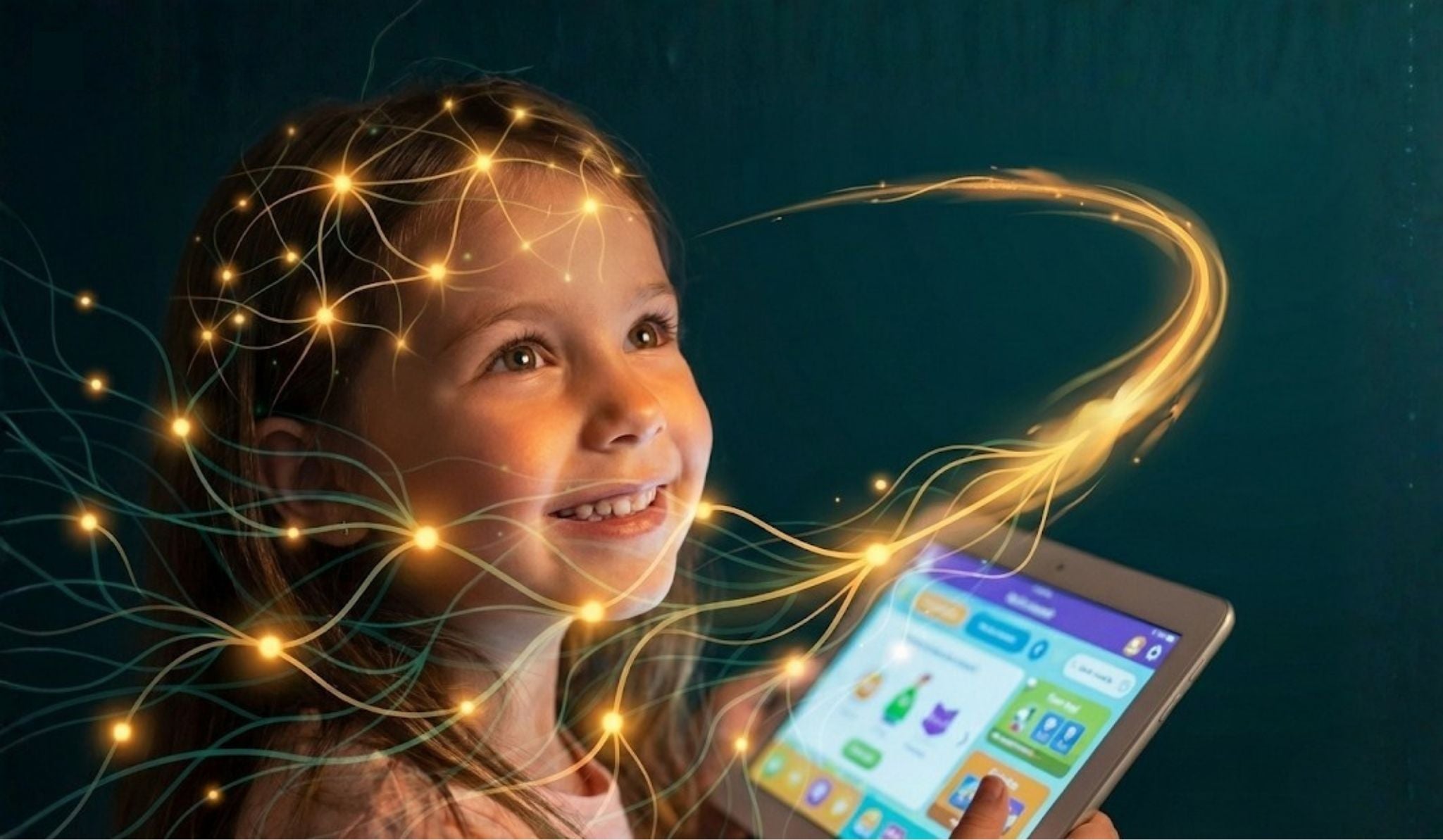 Young girl smiling as glowing neural network lights visualize her brain wiring for reading mastery.