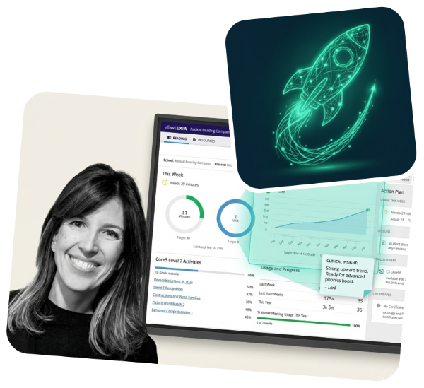 Lark Barker next to a Lexia Core5 student progress dashboard and a glowing green rocketship icon.