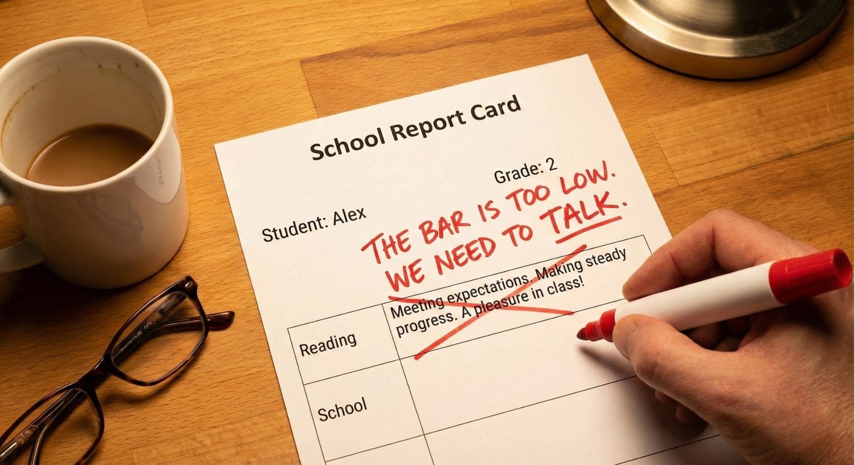 A school report card with a red marker writing "The bar is too low. We need to talk." over a teacher's comment, representing our unfiltered expert advice on reading expectations.