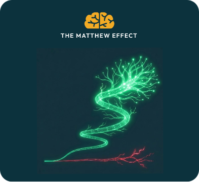 Glowing green upward neural spiral representing the Matthew Effect in reading, where strong decoders exponentially build vocabulary.