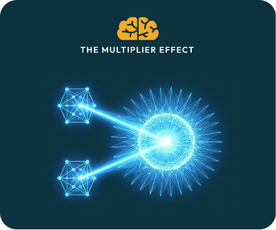 Blue neural nodes multiplying, representing the mathematical multiplication effect of the Simple View of Reading.