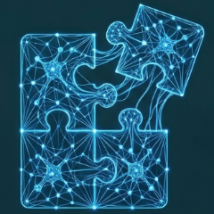 Glowing blue puzzle pieces representing structural analysis of words.