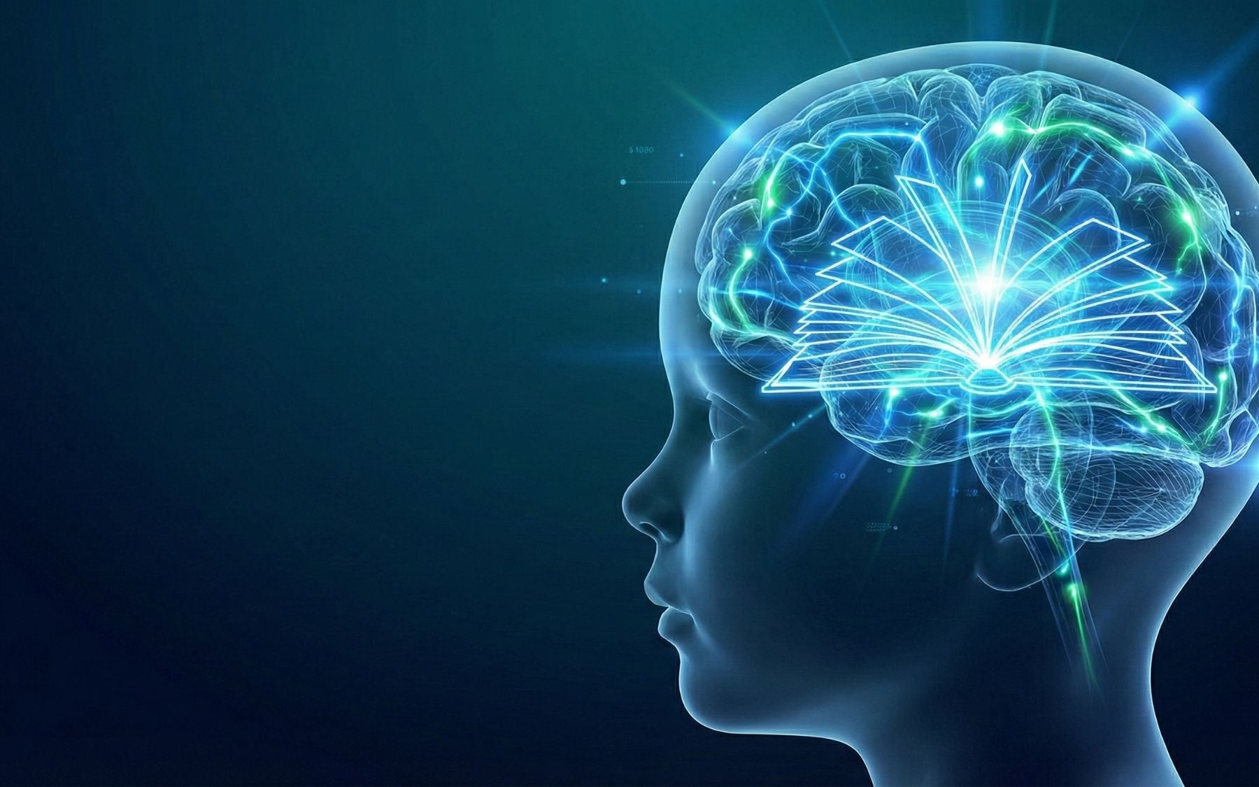 Profile of a child's face overlaid with a glowing blue brain and an open book, illustrating neural engineering for reading.