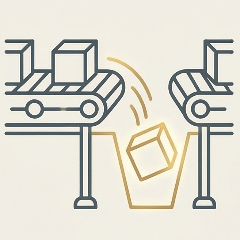 Illustration of boxes falling off a broken conveyor belt, representing the conveyor gap in standard school reading curriculums.