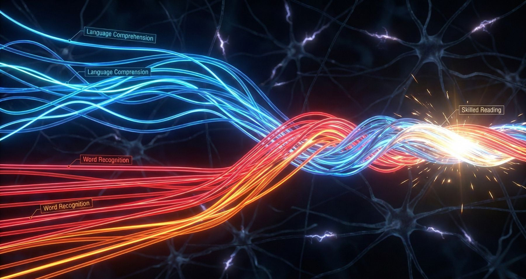 Glowing neural pathways weaving language comprehension and decoding strands together to spark skilled reading automaticity.