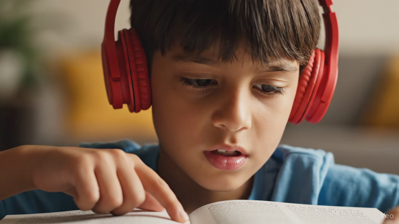 Close up on young dyslexic boy with headphones reading a book slowly using his finger to trace the words