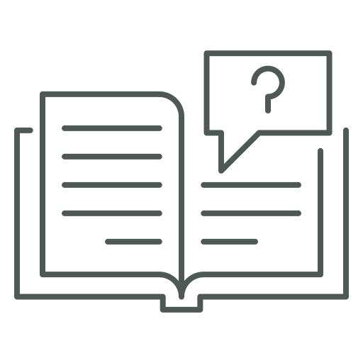 Icon of an open book with a question mark in a speech bubble, symbolizing guessing at words.